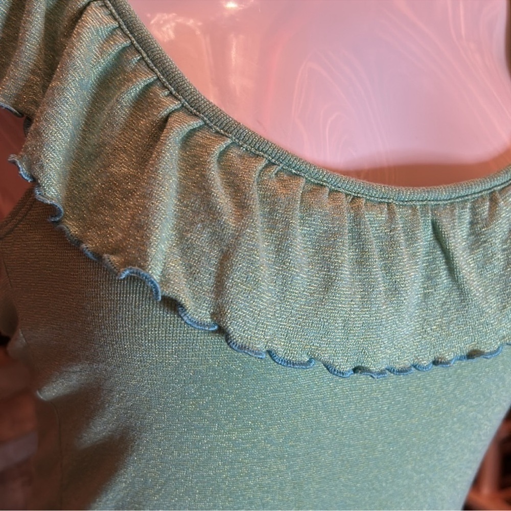 MICHAEL STARS Lime Green w/ Metallic Gold Thread & Blue Trim Ruffle Tank Top - Picture 6 of 10